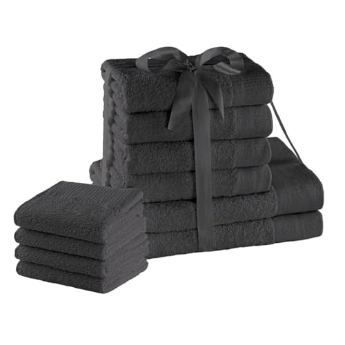 AmeliaHome Handtuch Set Grau 4 Gästetücher 30x50 cm 4 Handtücher 50x100 cm und 2 Duschtücher 70x140 cm 100% Baumwolle Qualität Saugfähig Graphit Anthrazit Amari von AmeliaHome