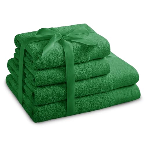 AmeliaHome Handtuch Set Grün 2 Handtücher 50x100 cm und 2 Duschtücher 70x140 cm 100% Baumwolle Qualität Saugfähig Amari von AmeliaHome