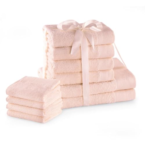 AmeliaHome Handtuch Set Hellrosa 4 Gästetücher 30x50 cm 4 Handtücher 50x100 cm und 2 Duschtücher 70x140 cm 100% Baumwolle Qualität Saugfähig Rosa Amari von AmeliaHome