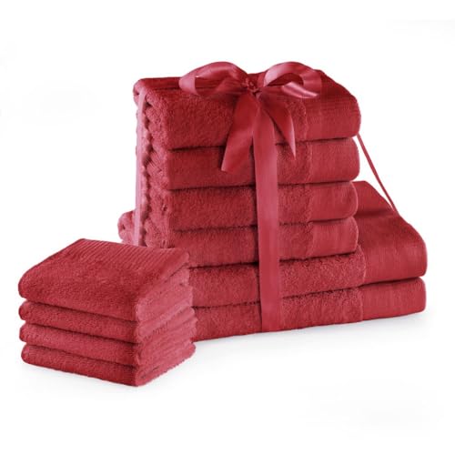 AmeliaHome Handtuch Set Rot 4 Gästetücher 30x50 cm 4 Handtücher 50x100 cm und 2 Duschtücher 70x140 cm 100% Baumwolle Qualität Saugfähig Dunkelrot Amari von AmeliaHome