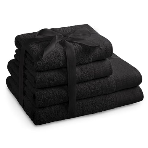 AmeliaHome Handtuch Set Schwarz 2 Handtücher 50x100 cm und 2 Duschtücher 70x140 cm 100% Baumwolle Qualität Saugfähig Amari von AmeliaHome