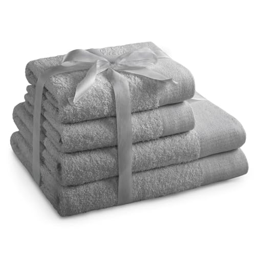 AmeliaHome Handtuch Set Stahl 2 Handtücher 50x100 cm und 2 Duschtücher 70x140 cm 100% Baumwolle Qualität Saugfähig Silber Grau Amari von AmeliaHome