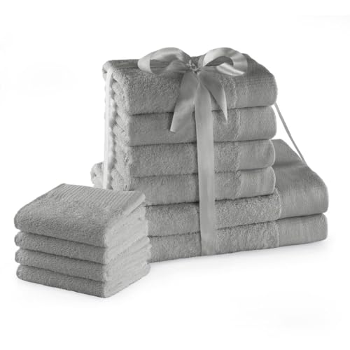 AmeliaHome Handtuch Set Stahl 4 Gästetücher 30x50 cm 4 Handtücher 50x100 cm und 2 Duschtücher 70x140 cm 100% Baumwolle Qualität Saugfähig Silber Grau Amari von AmeliaHome