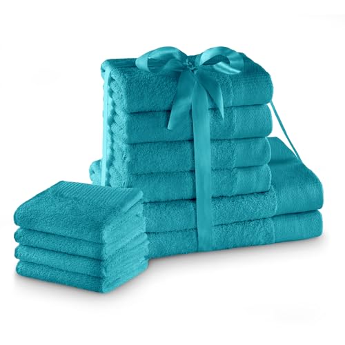 AmeliaHome Handtuch Set Türkis 4 Gästetücher 30x50 cm 4 Handtücher 50x100 cm und 2 Duschtücher 70x140 cm 100% Baumwolle Qualität Saugfähig Amari von AmeliaHome