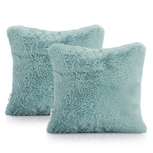 AmeliaHome Kissenbezüge Kaninchenfell Kunstfell 2er Set Kissenbezug Deko Kissenhülle 45 x 45 cm Lovika Blau von AmeliaHome