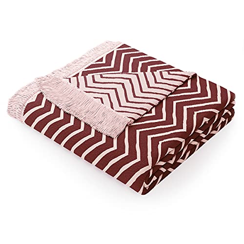 AmeliaHome Kuscheldecke 150x200 cm Decke mit Fransen Tagesdecke aus Baumwolle Boho Ethno Muster Bordeaux Rosa Zaria Twisty von AmeliaHome