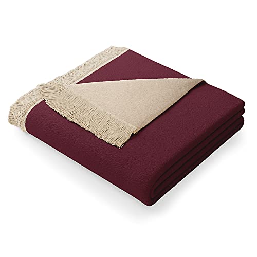 AmeliaHome Kuscheldecke 150x200 cm Decke mit Fransen Tagesdecke aus Baumwolle Franse Bordeaux Sandfarbe von AmeliaHome