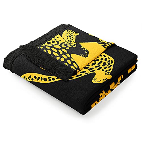 AmeliaHome Kuscheldecke 150x200 cm Decke mit Fransen Tagesdecke aus Baumwolle Gepard Muster Schwarz Gelb Zaria Cheetah von AmeliaHome