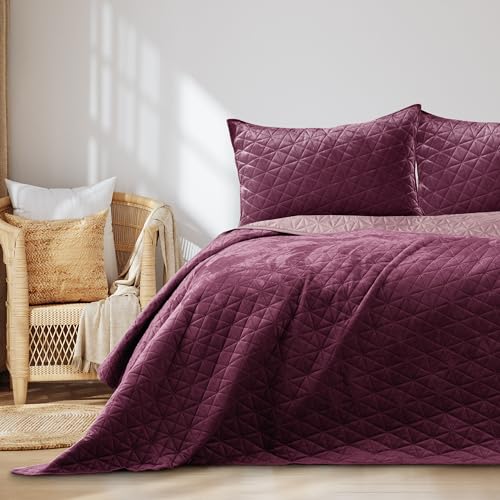 AmeliaHome Tagesdecke 170x210 cm violett lila zweiseitig Steppung Velvet Samt Laila von AmeliaHome