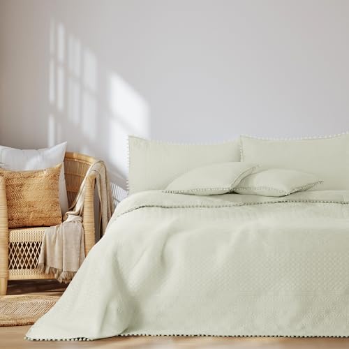 AmeliaHome Tagesdecke mit Pompons 170x210 cm Bettüberwürf zweiseitig Ultrasonic Steppung Polyester Meadore Creme von AmeliaHome