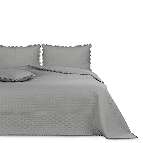 AmeliaHome Tagesdecke mit Pompons 170x270 cm Bettüberwürf zweiseitig Ultrasonic Steppung Polyester Meadore Grau von AmeliaHome