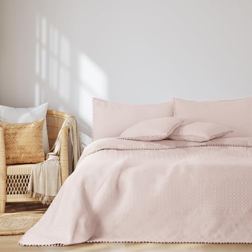 AmeliaHome Tagesdecke mit Pompons 170x270 cm Bettüberwürf zweiseitig Ultrasonic Steppung Polyester Meadore Puderrosa von AmeliaHome