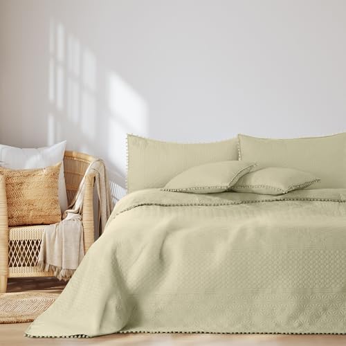 AmeliaHome Tagesdecke mit Pompons 200x220 cm Bettüberwürf zweiseitig Ultrasonic Steppung Polyester Meadore Beige von AmeliaHome