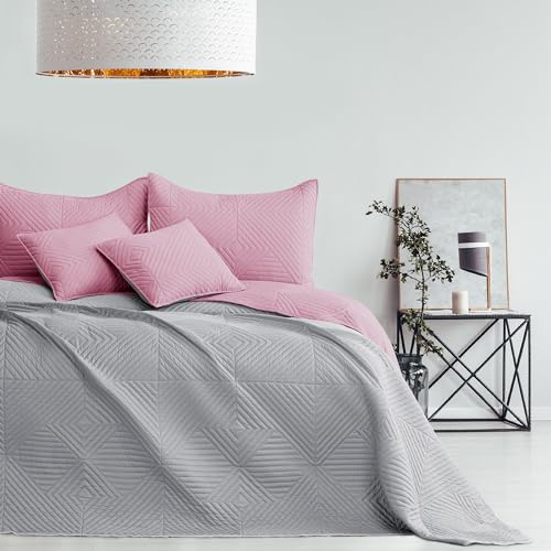 AmeliaHome Tagesdecke rosa grau 220x240 Bettüberwürf zweiseitig Ultrasonic Steppung Polyester Softa von AmeliaHome