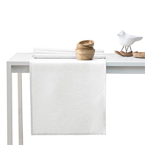 AmeliaHome Tischläufer Set 35x200 cm und 115x200 cm Lotuseffekt Wasserabweisend Blätter Weiß Gaia von AmeliaHome