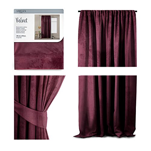 AmeliaHome Vorhang Velvet Optik 140x270 cm Bordeaux 1 St. Kräuselband Samt Verdunkelungsvorhang Fensterdekoration Leicht Schimmernd Dekoschal Dekorvorhang von AmeliaHome