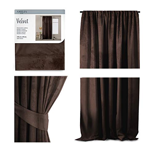 AmeliaHome Vorhang Velvet Optik 140x270 cm Dunkelbraun 1 St. Kräuselband Samt Verdunkelungsvorhang Fensterdekoration Leicht Schimmernd Dekoschal Dekorvorhang von AmeliaHome