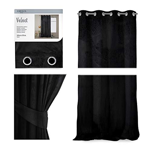 AmeliaHome Vorhang Velvet Optik 140x270 cm schwarz 1 St. Ösenschal Samt Verdunkelungsvorhang Fensterdekoration Leicht Schimmernd Dekoschal Dekorvorhang von AmeliaHome