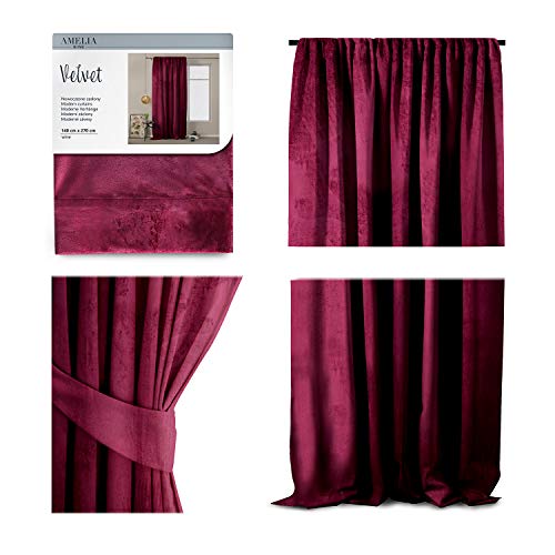 AmeliaHome Vorhang Velvet Optik 140x270 cm weinrot 1 St. Kräuselband Samt Verdunkelungsvorhang Fensterdekoration Leicht Schimmernd Dekoschal Dekorvorhang von AmeliaHome