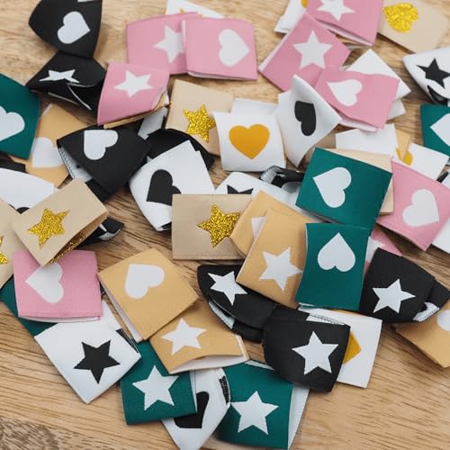 70 Stück Weblabel Set,7 Farben je 10 Stück,doppelseitig Herz-Stern,Webetiketten,Einnählabel,handmade Label,Etiketten Einnähen,Nähen,DIY,Nählabel,Textiletiketten,Nähzubehör,Geschenkidee von Ameloua