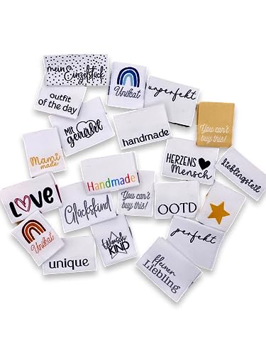 21 Stück Handemade Label zum einnähen Paket Nähzubehör Mit liebe Genäht Annähen Einnäher Web Label Etikett Made with love nähen labels von Ameloua