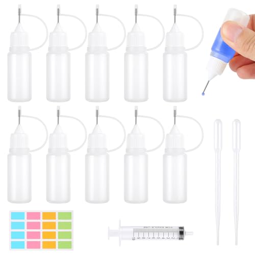 Amentalove 10 Stück Nadelflaschen 10ml, Dosierflasche, Applikator Flasche mit Nadelspitze, 5ml Pipette and Spritze,Quetschflasche Klein, Leimflasche Leer, Nadelspitze Kleber Flasche Applikator für DIY von Amentalove