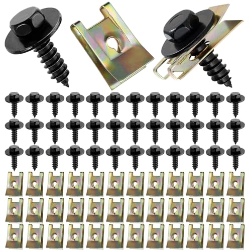 Amentalove 72 PCS Blechmutter Schraube Mutter Clip Kit, 36 Sätze Edelstahl Feder Blechnmutter und U Typ Karosserieschrauben, Kotflügelclip Blechmuttern Befestigung Clips für Auto von Amentalove