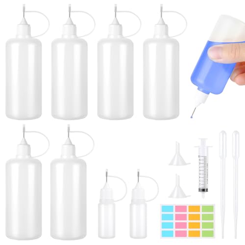 Amentalove 8 Stück Nadelflaschen 100/10ml,Dosierflasche,Applikator Flasche mit Nadelspitze,5ml Pipette und Spritze,Quetschflasche Klein,Leimflasche Leer,Nadelspitze Kleber Flasche Applikator für DIY von Amentalove