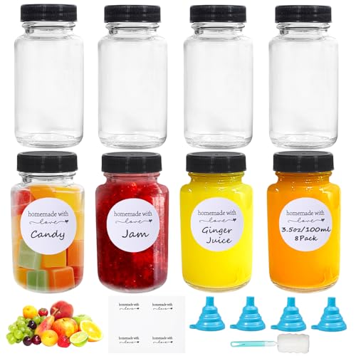 Amentalove 8 Stück Shot Flaschen zum Befüllen,3.5oz/100ml Kleine Glasflaschen mit Breitem Mund,Ingwer Shot Flaschen mit Deckel,Mehrweg Kleine Glasflaschen zum Befüllen für Saft Ingwer Smoothie Schnaps von Amentalove