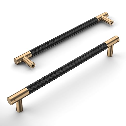 Amerdeco 10 Stück Mattes Schwarz-Gold Schrankgriffe 192mm Lochabstand, Aluminium Griffe für Küchenschränke & Möbelgriffe für Schubladen von Amerdeco