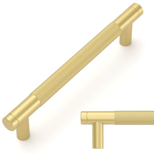 Amerdeco 10 Stück Mattes Gold Gerändelte Schrankgriffe 128mm Lochabstand, Aluminium Griffe für Küchenschränke & Möbelgriffe für Schubladen von Amerdeco