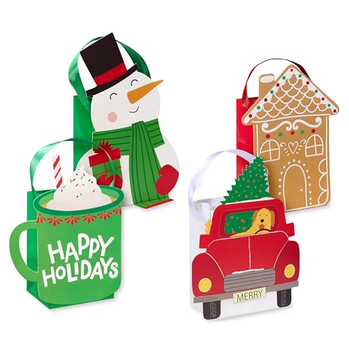 American Greetings 4 Stück sortierte Weihnachts-Geschenkkartenhalter Mini Leckerli-Taschen (Kakao, Schneemann, Weihnachtsbaum, Lebkuchenhaus) von American Greetings