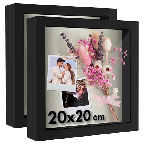 Americanflat 3D-Bilderrahmen zum Befüllen in Schwarz - 2er Set - 20x20 cm Tiefer Objektrahmen mit Weichem Leinentuch als Rückwand - MDF-Holzrahmen mit Bruchsicheren Glas, Aufhängung für die Wand von Americanflat