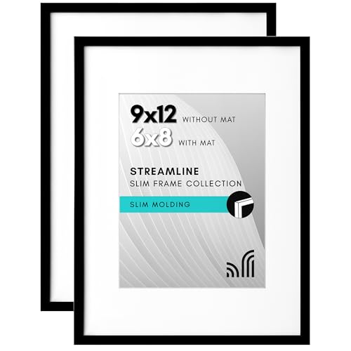 Americanflat 9x12 Bilderrahmen in Schwarz - 2er Set - Dünner Rand 6x8 Rahmen mit Matte und 9x12 Rahmen ohne Matte - Horizontale und vertikale Formate für Wand und Tischplatte von Americanflat