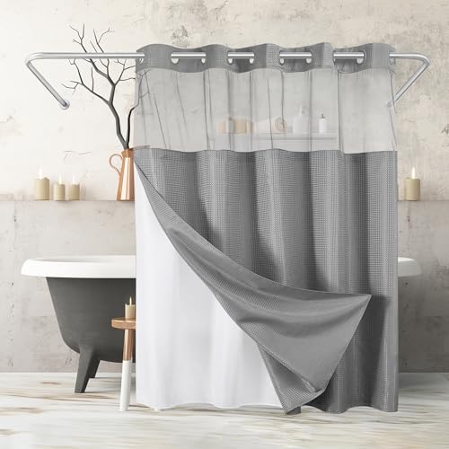 Americanflat Duschvorhang mit Waffelmuster, 183 x 180 cm, wasserabweisend, Langer Duschvorhang mit durchsichtigem Panel, Snap-In-Futter und strapazierfähigen Ösen, 100% Polyester, Hellgrau von Americanflat