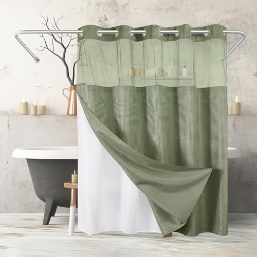 Americanflat Duschvorhang mit Waffelmuster, 183 x 180 cm, wasserabweisend, Langer Duschvorhang mit durchsichtigem Panel, Snap-In-Futter und strapazierfähigen Ösen, 100% Polyester, Salbeigrün von Americanflat