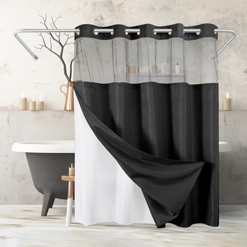 Americanflat Duschvorhang mit Waffelmuster, 183 x 180 cm, wasserabweisend, Langer Duschvorhang mit durchsichtigem Panel, Snap-In-Futter und strapazierfähigen Ösen, 100% Polyester, Schwarze von Americanflat
