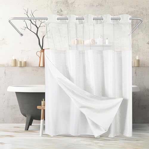 Americanflat Duschvorhang mit Waffelmuster, 183 x 180 cm, wasserabweisend, Langer Duschvorhang mit durchsichtigem Panel, Snap-In-Futter und strapazierfähigen Ösen, 100% Polyester, weiße von Americanflat