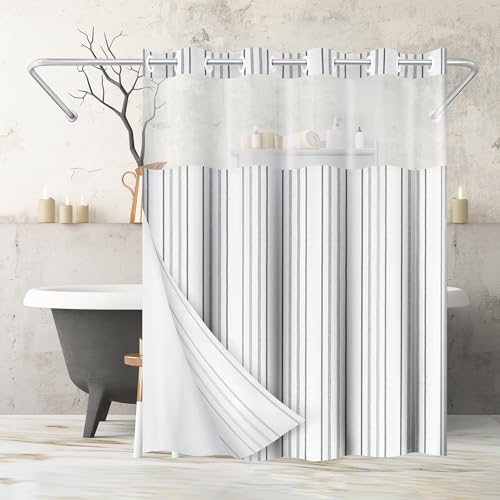 Americanflat Hakenloser Duschvorhang, 183 x 180 cm, wasserabweisend, Abstrakter Duschvorhang mit durchsichtigem Panel, Snap-In-Futter und strapazierfähigen Ösen, 100% Polyester, Hellgrau und Weiß von Americanflat