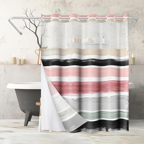 Americanflat Hakenloser Duschvorhang, wasserabweisend, Abstrakter Duschvorhang mit durchsichtigem Panel, Snap-In-Futter und Ösen, 100% Polyester, gestreifte Badezimmervorhänge, 183 x 180 cm, Blush Americanflat Hakenloser Duschvorhang, wasserabweisend, Abstrakter Duschvorhang mit durchsichtigem Panel, Snap-In-Futter und Ösen, 100% Polyester, gestreifte Badezimmervorhänge, 183 x 180 cm, Blush von Americanflat