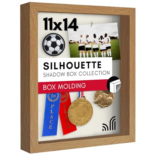 Americanflat Schattenbox-Rahmen mit bruchfestem Glas, Silhouetten-Kollektion, große Schattenbox-Vitrine für Tischplatte und Wand, dunkle Eiche mit weicher Leinen-Rückseite, 28 x 35 cm von Americanflat
