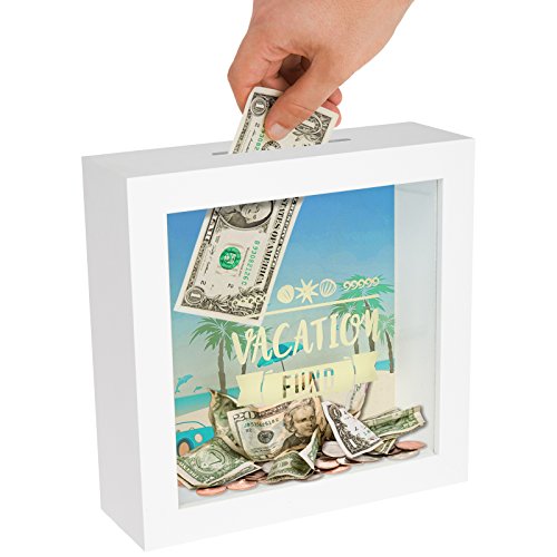 Americanflat Vacation Fund Shadow Box Rahmen mit poliertem Glas – Sparschattenbox mit Schlitz an der Oberseite für die Wand – Abenteuerfonds Spardose für Reisegelder, Familienurlaub oder Flitterwochen von Americanflat