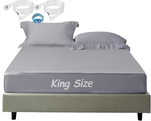 Amerthing Erdungs-Spannbettlaken, leitfähige Matte mit 5 % Silberfaden für besseren Schlaf, gesunde Erdenergie, Grau, mit Kordeln und Erdungsarmband (Kingsize-Bettgröße 198,1 x 203,2 x 33 cm) von Amerthing