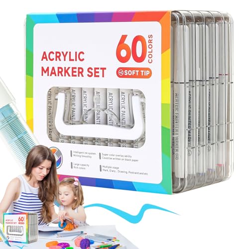 Amesor Malstifte,Künstlerstift-Set - 60 Farben Mal- Und Zeichensets Für Holz Stoff Und Textilien Mit Acrylstiften Für Erwachsene Und Kinder von Amesor