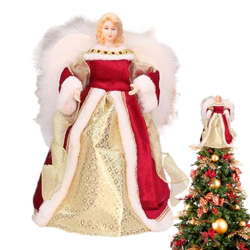 Amesor Engel Baumspitze - Weihnachtsengel auf dem Baum mit weißen Federflügeln,7,08-Zoll-Engel-Baumkronen-Figur, Weihnachtsbaumspitze, Ornament für die Feiertags-Weihnachtsfeier von Amesor