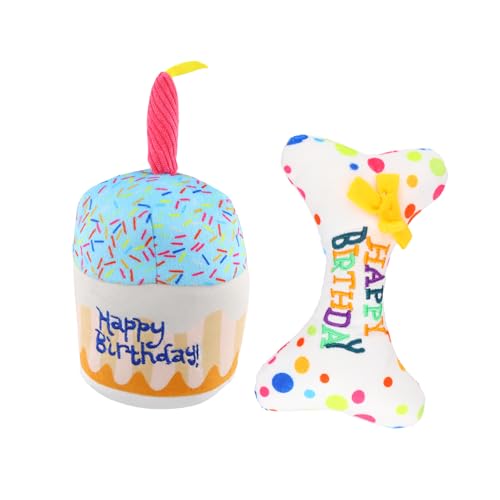 Amexo 2 Stück Hund Geburtstag Spielzeug Set, Dauerhaft Hunde Geburtstags Plüschtier, hundetorte Geburtstag für Hunde Weich und bequem, Quietschend Geburtstagsgeschenke für Hunde von Amexo