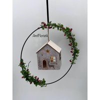 Fensterdeko Metall Ring 25cm Haus Mit Led Weihnachtsdeko von AmfFloristik