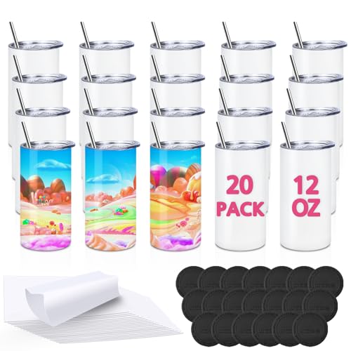 Amgkonp 340 ml Sublimationsbecher für Kinder, 20 Stück, Edelstahl, gerade, schmal, doppelwandig, vakuumisoliert, mit Deckel und Metall-Trinkhalmen, DIY-Geschenk für Kinder von Amgkonp