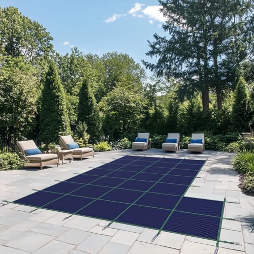AMGO Sicherheitsabdeckung für den Inground Pool aus strapazierfähigem PP-Material, robuste Winter-Poolabdeckung für 4,9 x 9,8 m Innenpool unter starkem Wind mit 1,5 x 3 m linker Stufe, Blau von Amgo