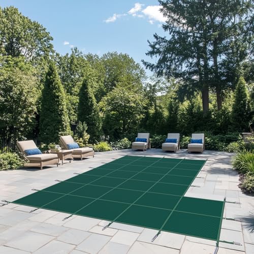 AMGO Sicherheitsabdeckung für den Inground Pool aus strapazierfähigem PP-Material, robuste Winter-Poolabdeckung für 6 x 12,2 m großen Innenpool unter starkem Wind mit 1,5 x 3 m linker Stufe, Grün von Amgo